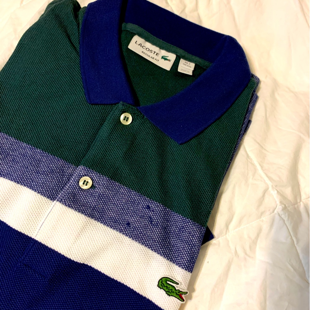 Lacoste regular fit 100%cotton green & blue striped short sleeve polo FR7 xxl